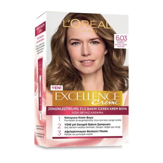 رنگ موی لورال شماره 6.03 رنگ قهوه ای روشن براق loreal excellence رنگ موی لورال شماره 6.03 رنگ قهوه ای روشن براق loreal excellence